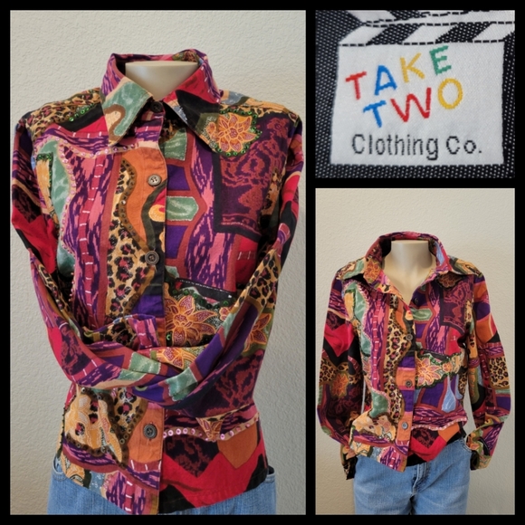 Take Two multi-colors+patterns button shirt XL - Picture 2 of 9